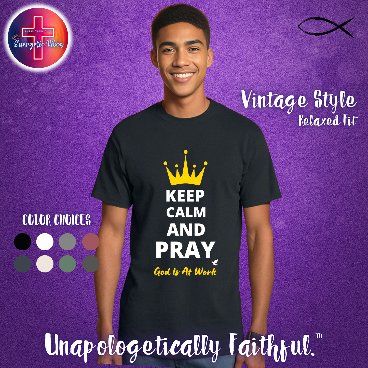 Keep Calm and Pray, God is at Work Unisex Christian T-Shirt | Vintage Style Relaxed Tee