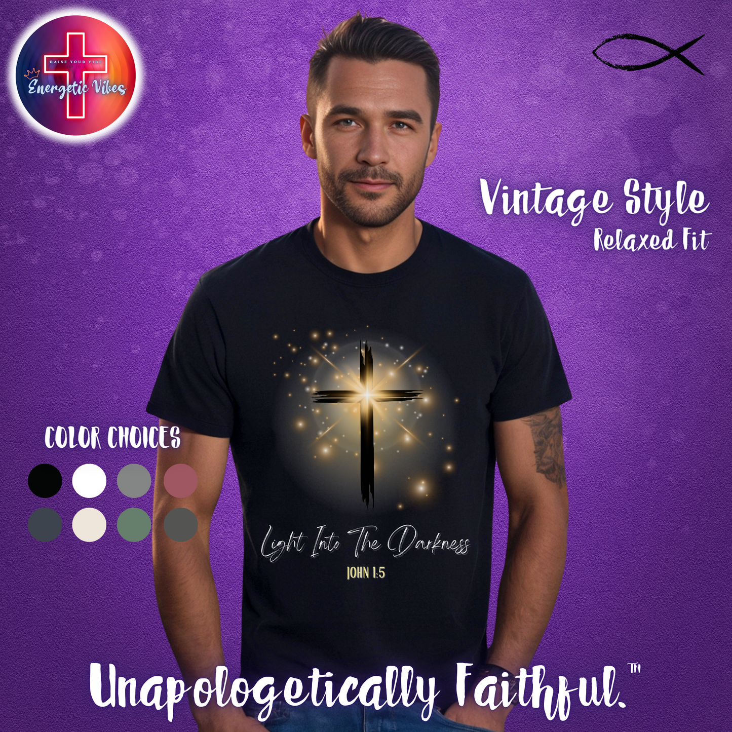 Light Into The Darkness ~ John 1:5 Unisex Christian T-Shirt | Vintage Style Relaxed Tee