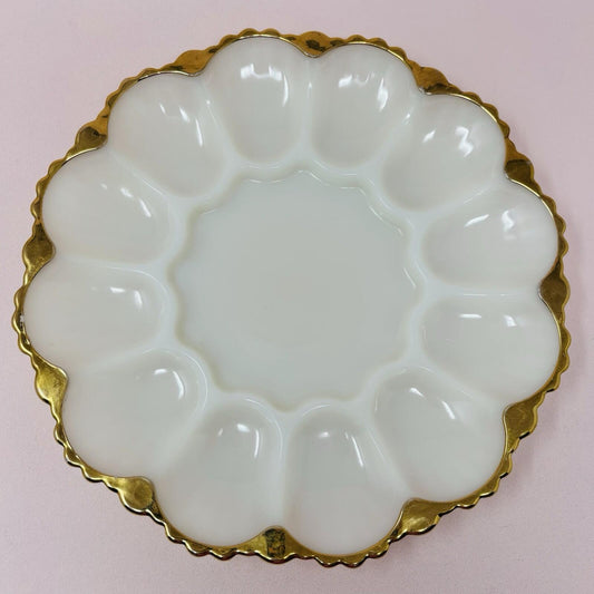 VTG Fire King Deviled Egg Plate MCM White Milk Glass Serving Platter Gold Trim